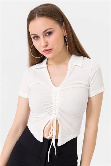 Kadın Önü Büzgü Detaylı Crop Bluz 240009 -