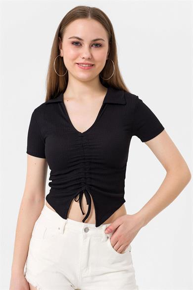 Kadın Önü Büzgü Detaylı Crop Bluz 240009 -