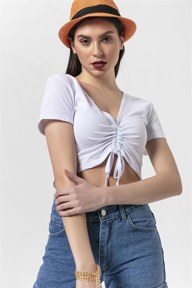 Kadın Önü Büzgü Detaylı V Yaka T-Shirt