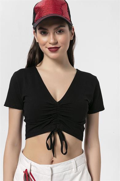 Kadın Önü Büzgü Detaylı V Yaka T-Shirt