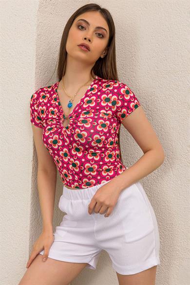 Kadın Önü Halka Büzgü Detaylı Crop Bluz