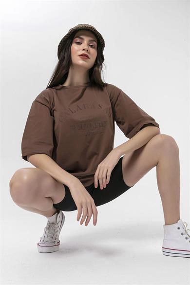 Kadın Önü Nakış Detaylı Bisiklet Yaka Oversize T-Shirt
