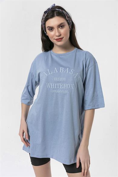 Kadın Önü Nakış Detaylı Bisiklet Yaka Oversize T-Shirt