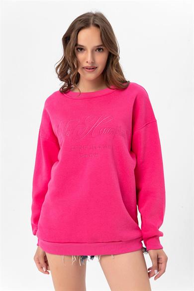 Kadın Önü Nakış Detaylı Üç İplik Oversize Sweatshirt 235005 -