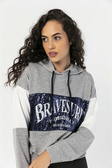 Kadın Önü Pul İşlemeli Kapüşonlu Sweatshirt
