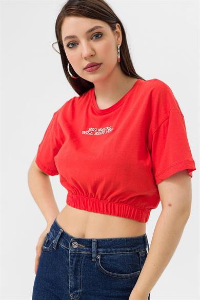 Kadın Önü Yazı Altı Lastik Detaylı Bisiklet Yaka Kısa T-Shirt 240008 -