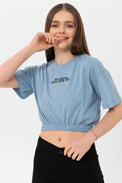 Kadın Önü Yazı Altı Lastik Detaylı Bisiklet Yaka Kısa T-Shirt 240008 -