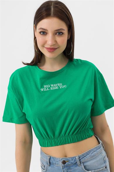 Kadın Önü Yazı Altı Lastik Detaylı Bisiklet Yaka Kısa T-Shirt 240008 -