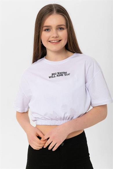 Kadın Önü Yazı Altı Lastik Detaylı Bisiklet Yaka Kısa T-Shirt 240008 -