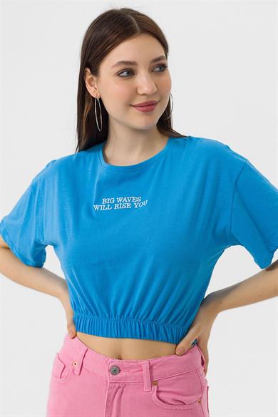 Kadın Önü Yazı Altı Lastik Detaylı Bisiklet Yaka Kısa T-Shirt 240008 -