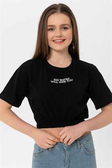 Kadın Önü Yazı Altı Lastik Detaylı Bisiklet Yaka Kısa T-Shirt 240008 -