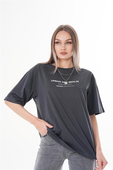 Kadın Önü Yazı Baskılı Bisiklet Yaka Oversize Tişört 260382 -