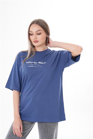 Kadın Önü Yazı Baskılı Bisiklet Yaka Oversize Tişört 260382 -
