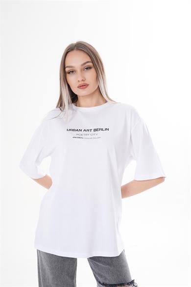 Kadın Önü Yazı Baskılı Bisiklet Yaka Oversize Tişört 260382 -