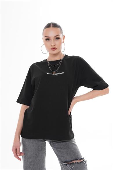 Kadın Önü Yazı Baskılı Bisiklet Yaka Oversize Tişört 250125 -