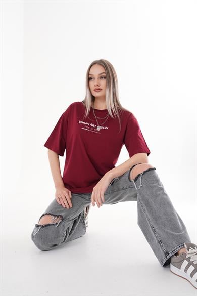 Kadın Önü Yazı Baskılı Bisiklet Yaka Oversize Tişört 260382 -