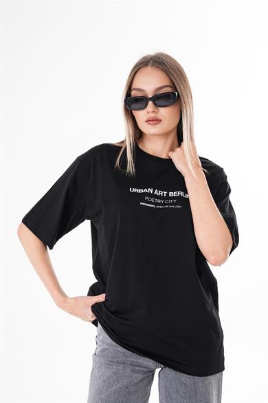 Kadın Önü Yazı Baskılı Bisiklet Yaka Oversize Tişört 260382 -