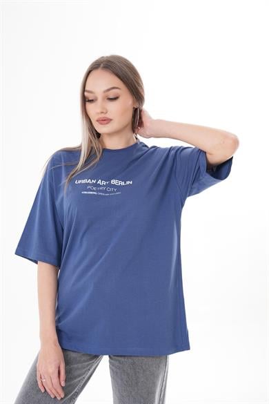 Kadın Önü Yazı Baskılı Bisiklet Yaka Oversize Tişört 260382 -