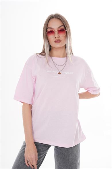 Kadın Önü Yazı Baskılı Bisiklet Yaka Oversize Tişört 260382 -