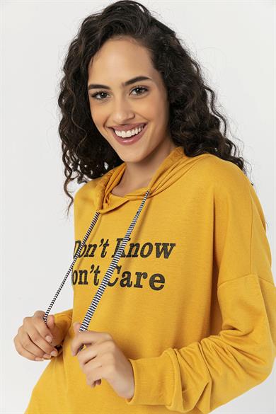 Kadın Önü Yazı Baskılı Çift Görünümlü Kapüşonlu Uzun Sweatshirt