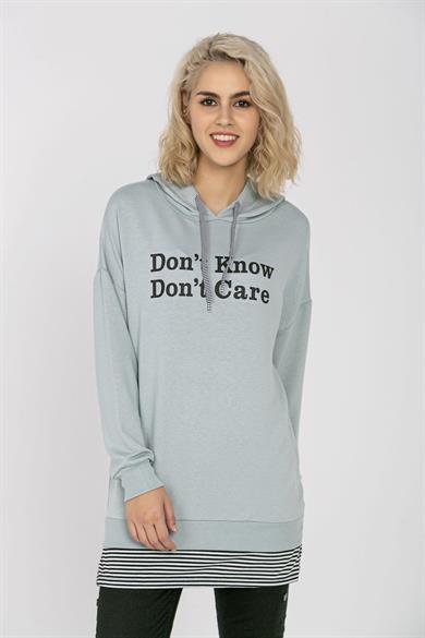 Kadın Önü Yazı Baskılı Çift Görünümlü Kapüşonlu Uzun Sweatshirt