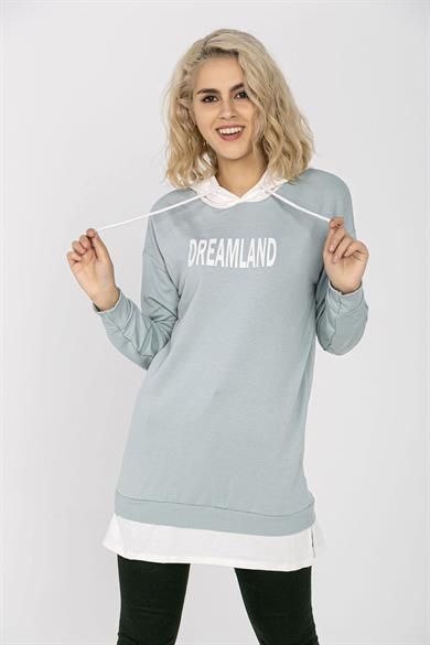 Kadın Önü Yazı Detaylı Kapüşonlu Uzun Sweatshirt