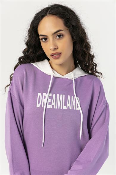 Kadın Önü Yazı Detaylı Kapüşonlu Uzun Sweatshirt