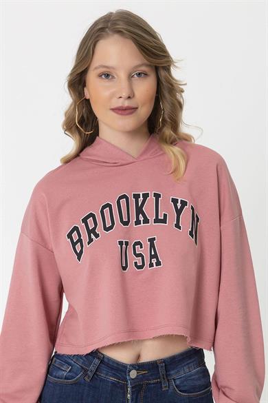 Kadın Önü Yazılı Kapüşonlu Kısa Sweatshirt