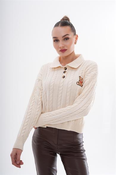 Kadın Polo Yaka Ayıcık Nakışlı Kazak 245413 -