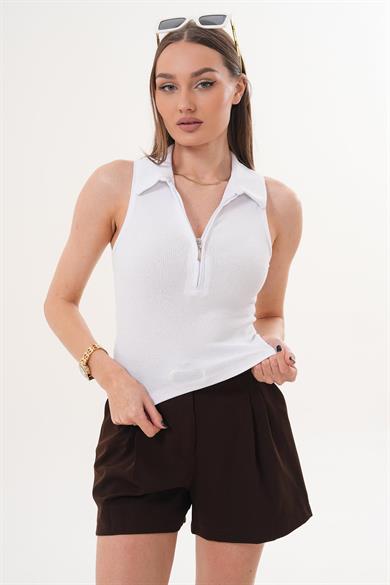 Kadın Polo Yaka Fermuar Detaylı Kaşkorse Bluz 260035 -
