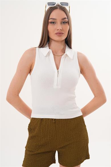 Kadın Polo Yaka Fermuar Detaylı Kaşkorse Bluz 260035 -