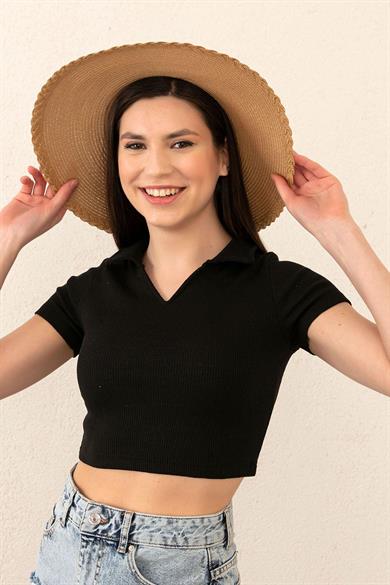 Kadın Polo Yaka Kaşkorse Crop Tshirt