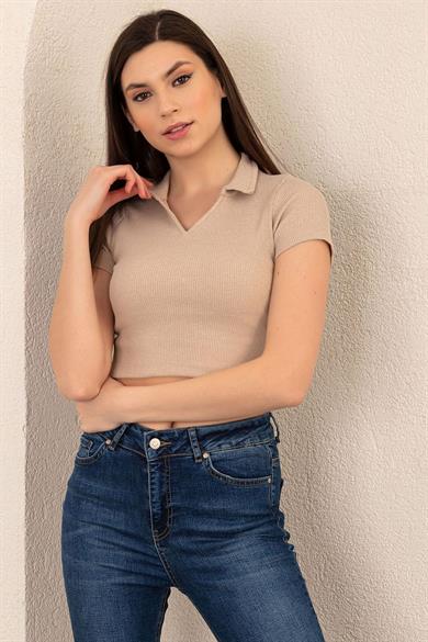 Kadın Polo Yaka Kaşkorse Crop Tshirt