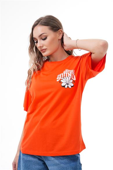 Kadın Sırt Baskı Detaylı Bisiklet Yaka Oversize Tişört 260383 -