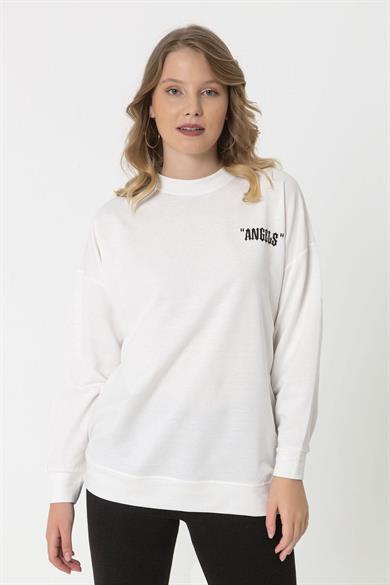 Kadın Sırt Baskı Detaylı Bisiklet Yaka Sweatshirt