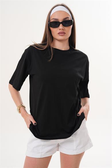 Kadın Sırt Baskı Detaylı Bisiklet Yaka Oversize Tişört 260257 -