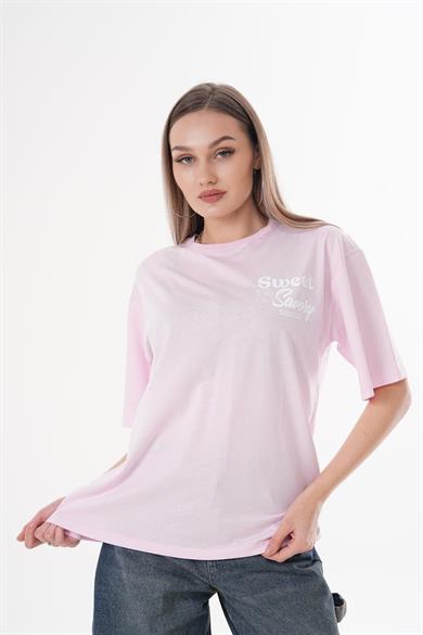 Kadın Sırt Baskı Detaylı Bisiklet Yaka Oversize Tişört 250113 -