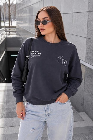 Kadın Sırt Baskı Detaylı Bisiklet Yaka Sweatshirt 265118 -