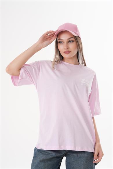 Kadın Sırt Baskı Detaylı Bisiklet Yaka Oversize Tişört 250101 -