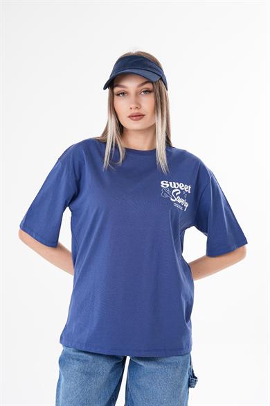 Kadın Sırt Baskı Detaylı Bisiklet Yaka Oversize Tişört 250113 -