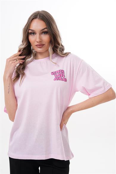 Kadın Sırt Baskı Detaylı Bisiklet Yaka Oversize Tişört 250151 -