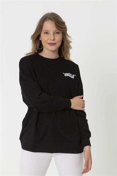 Kadın Sırt Baskı Detaylı Bisiklet Yaka Sweatshirt