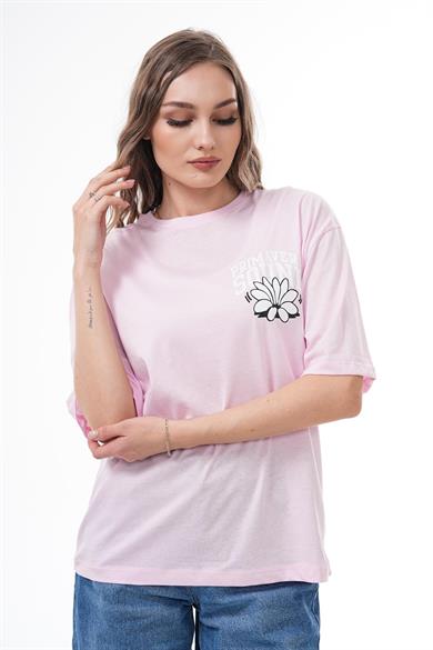 Kadın Sırt Baskı Detaylı Bisiklet Yaka Oversize Tişört 260383 -