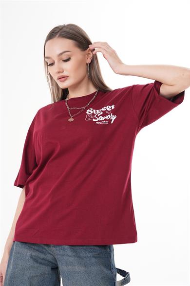 Kadın Sırt Baskı Detaylı Bisiklet Yaka Oversize Tişört 250113 -