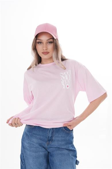 Kadın Sırt Baskı Detaylı Bisiklet Yaka Oversize Tişört 250150 -