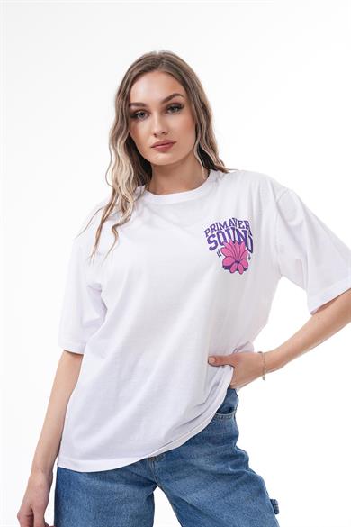 Kadın Sırt Baskı Detaylı Bisiklet Yaka Oversize Tişört 260383 -