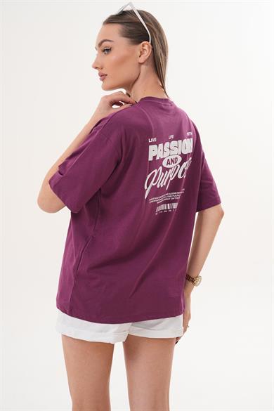 Kadın Sırt Baskı Detaylı Bisiklet Yaka Oversize Tişört 260337 -