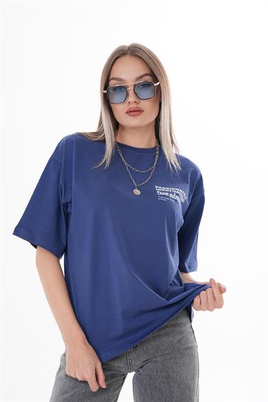 Kadın Sırt Baskı Detaylı Bisiklet Yaka Oversize Tişört 250101 -