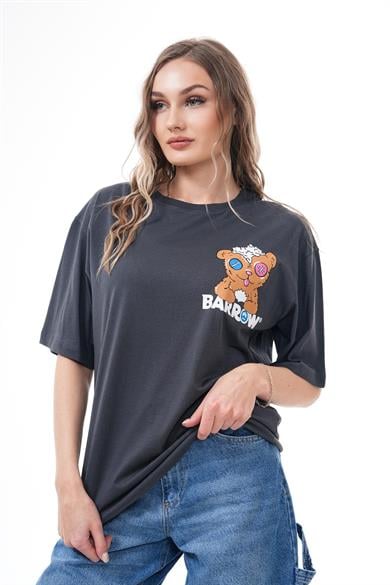 Kadın Sırt Baskı Detaylı Bisiklet Yaka Oversize Tişört 250117 -