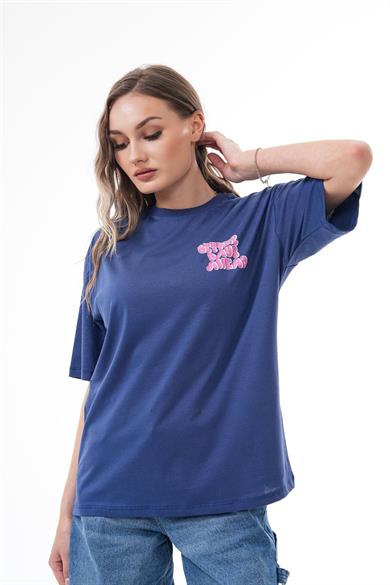 Kadın Sırt Baskı Detaylı Bisiklet Yaka Oversize Tişört 250151 -